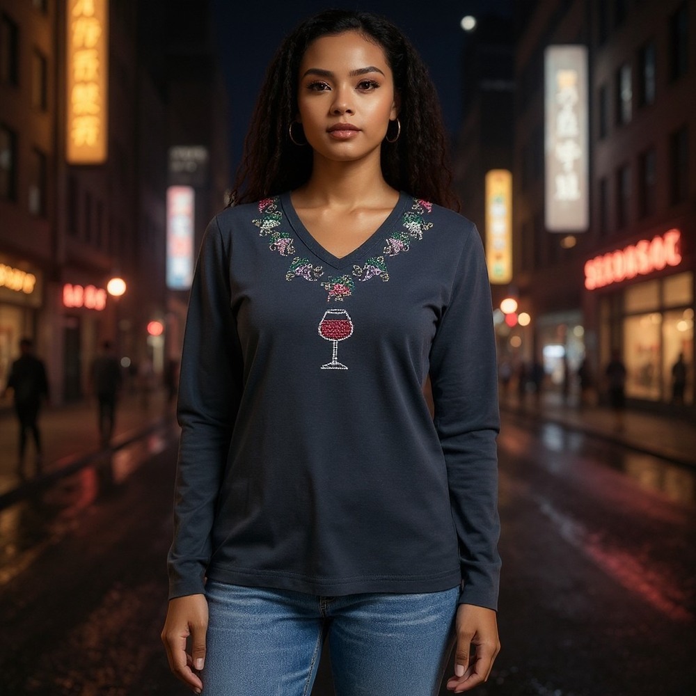 Get Lucky USA Top Wms XL Black Rhinestone Wine Glass Grapes V-Neck Tee Whimsical